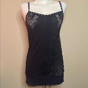 SALVAGE Elegant Black Lace Top With Grommets And Lace-Up Back. S